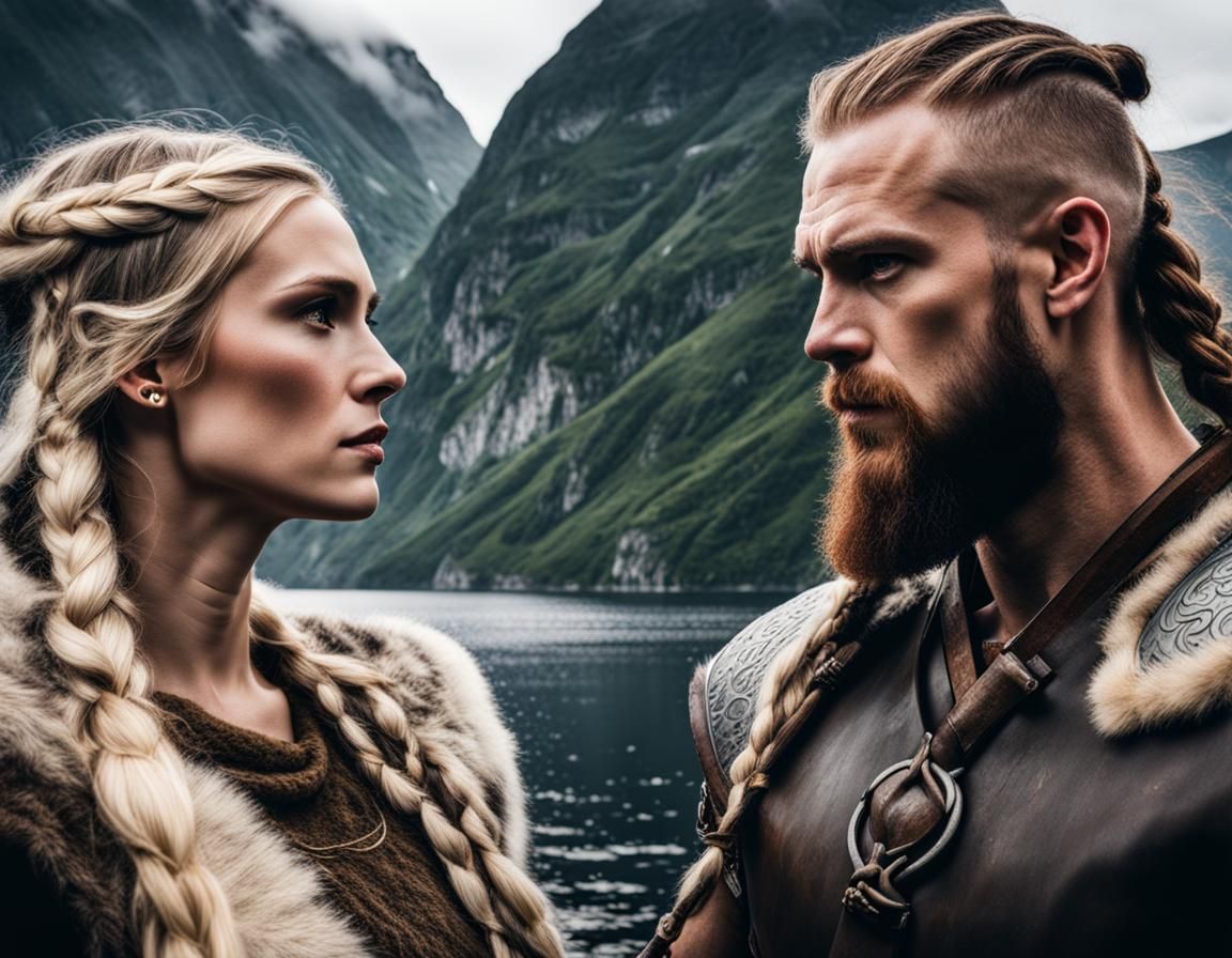 Viking Couple's Loving Gaze in Fjords