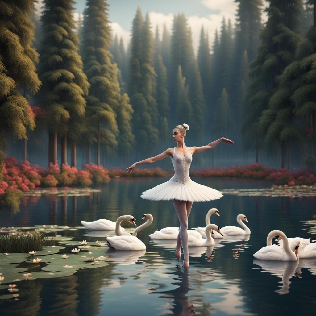 Ballerina Arabesque with Swans: Fantasy Lake Scene