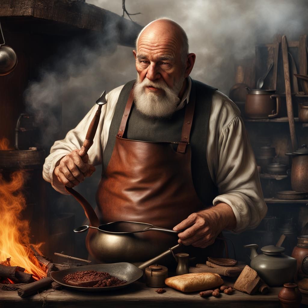 Gruff Man Cooking Over Fire: Digital Matte Painting
