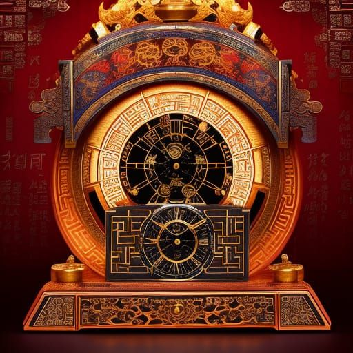 A ancient chinese scientist holding a captivating clock that combining Eastern and Western elements art, showcasing past...