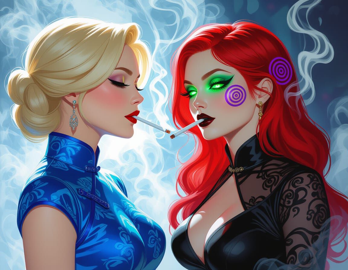 Cinematic Cyberpunk Scene with Women in Triadic Colors