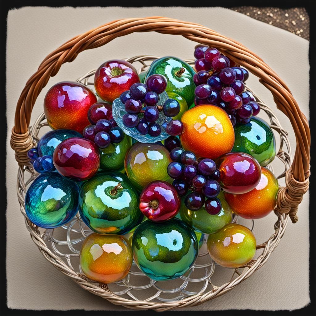 Iridescent Crystal Fruit Basket: Vibrant Glass Art