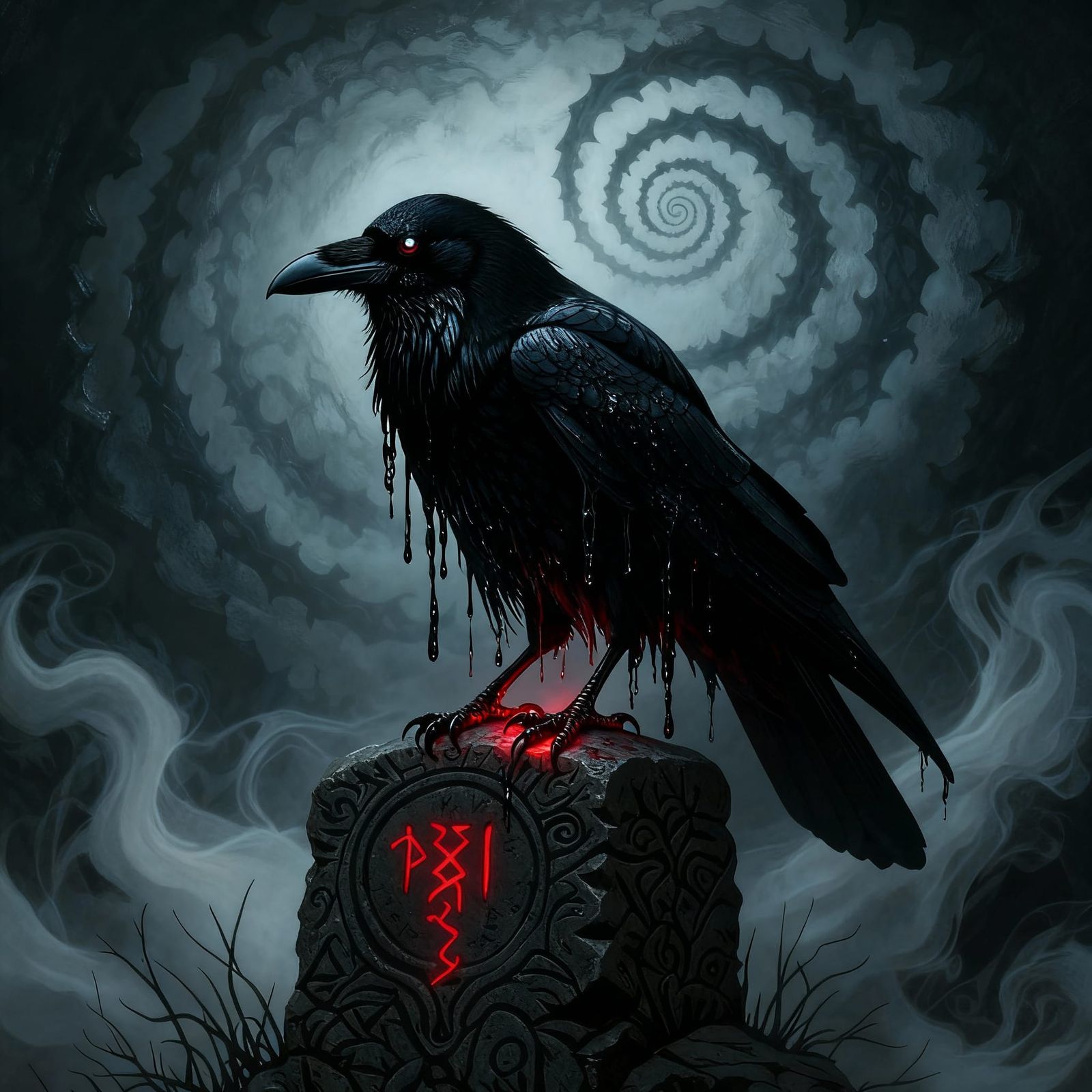 Sinister Raven on Ancient Stone in Dark Fantasy Horror