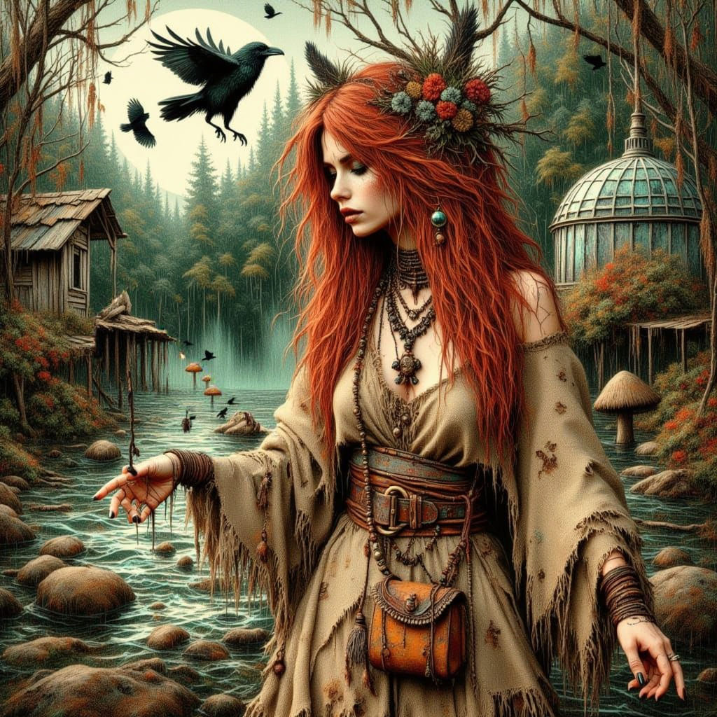 Steampunk Herbalist in Temple Garden, Ink Art