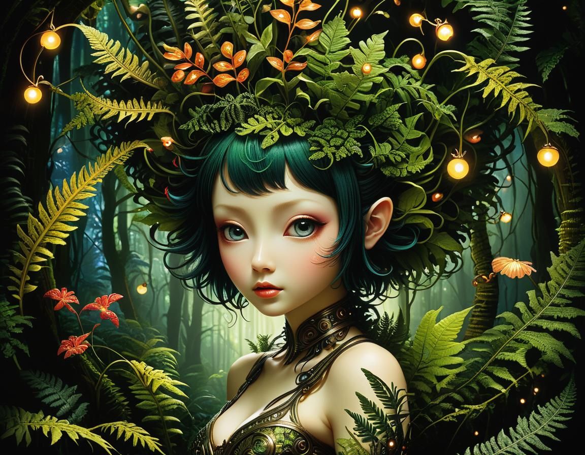 Fairy Merging with Biomechanical Fern in Surreal Forest