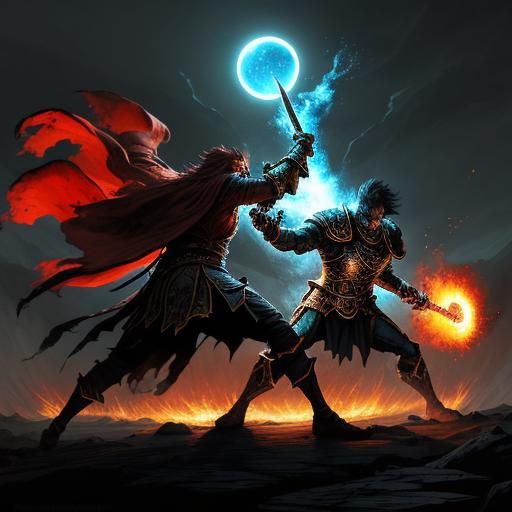 Under a blood-red moon, atop the crumbling ruins of an ancie...