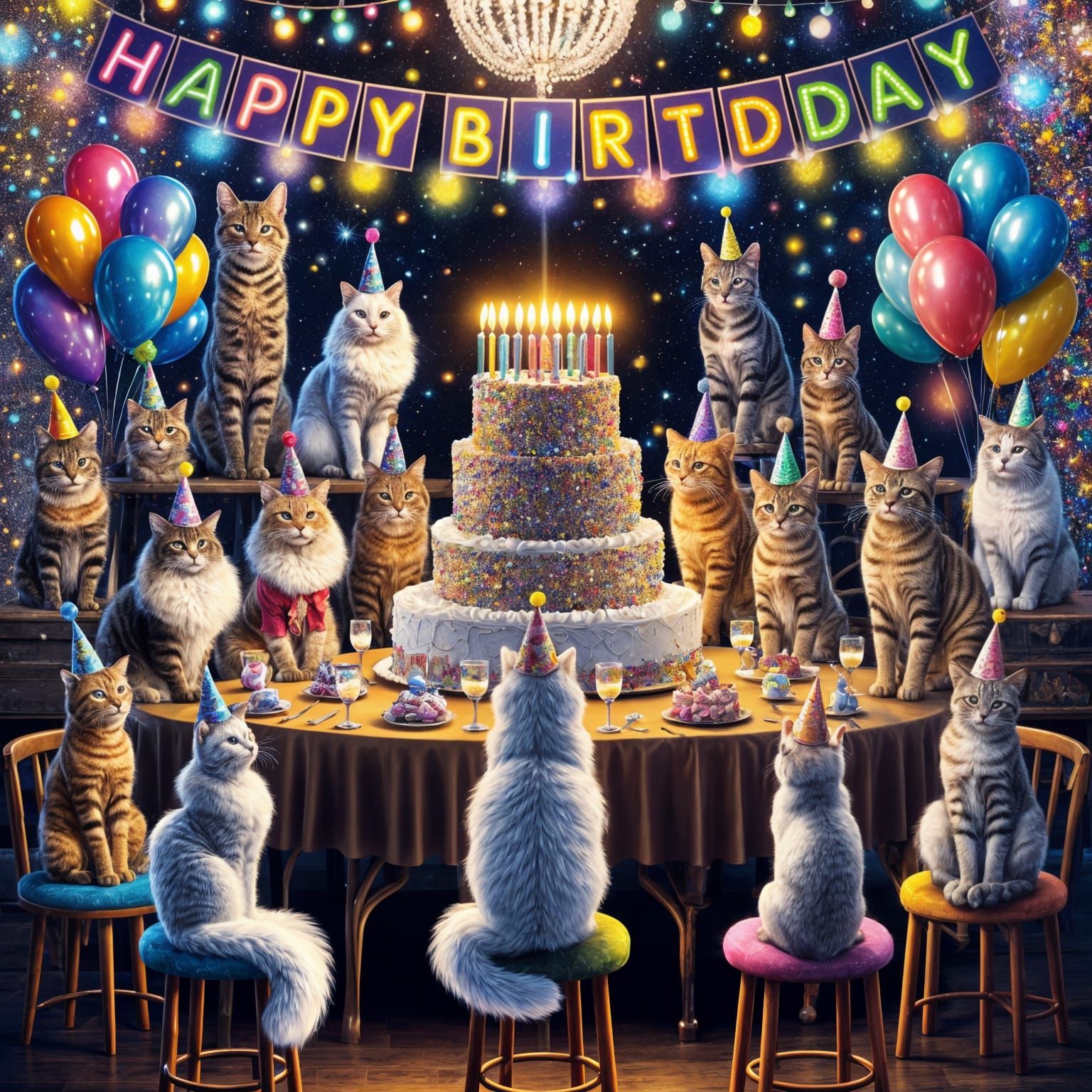 Feline Birthday Celebration in Vibrant Colors