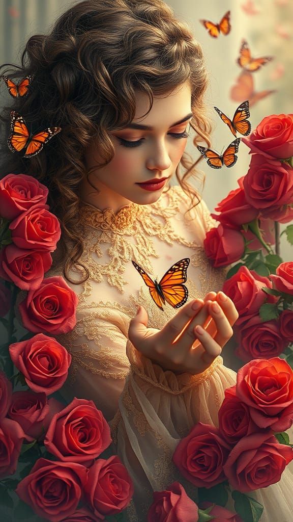 Victorian era woman draped in gold lace, surrounded by red r...