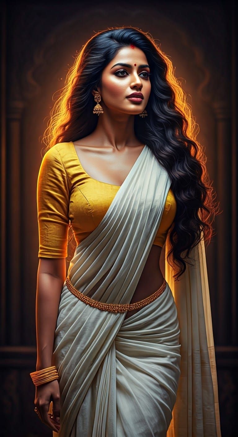 Elegant Indian Goddess in Kerala Saree with Golden Embroider...