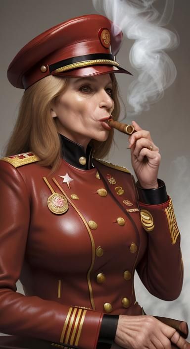 Female Military Dictator in Red Leather with Cigar