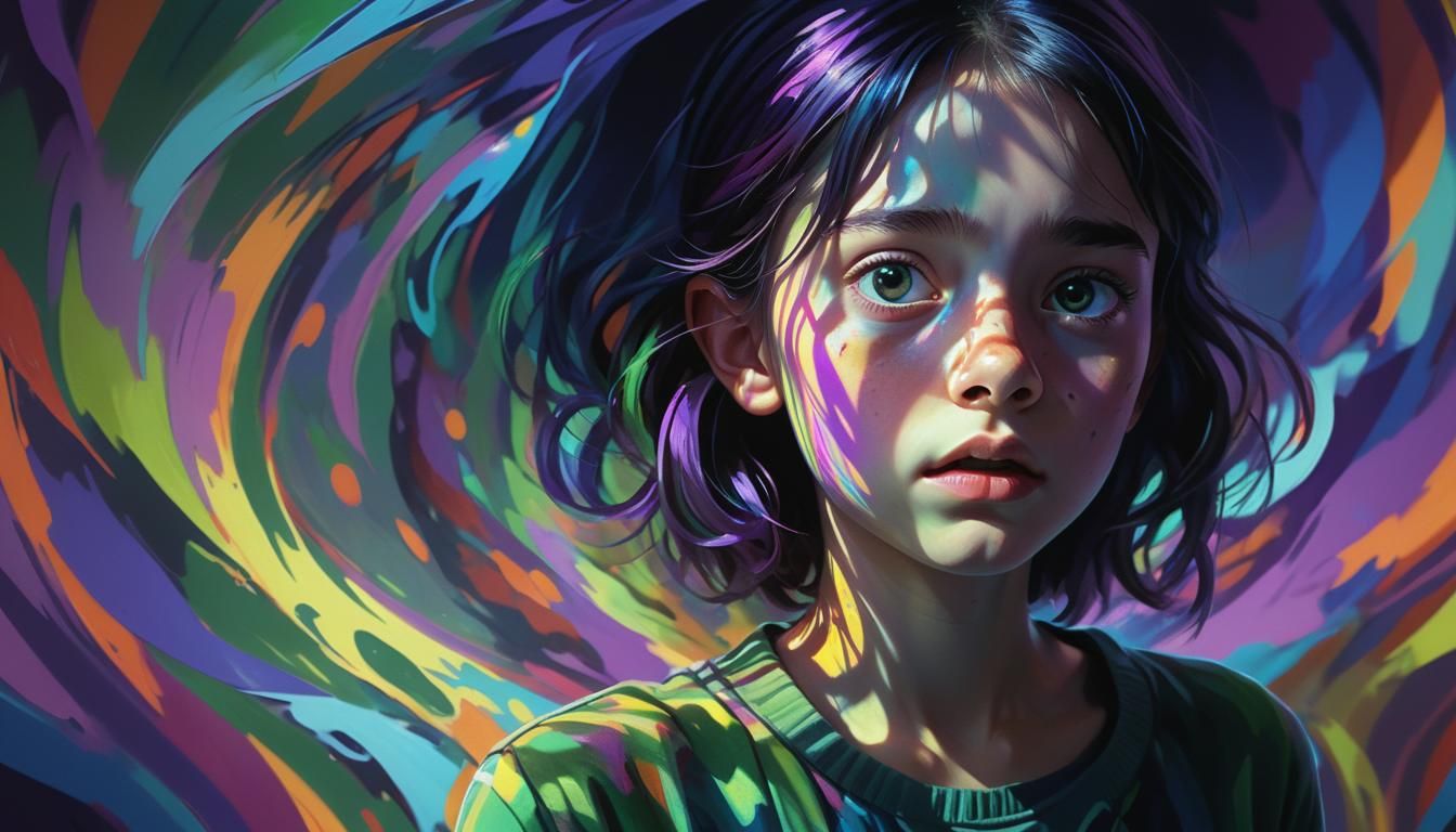 Terrified Girl in a Dark Psychedelic Room