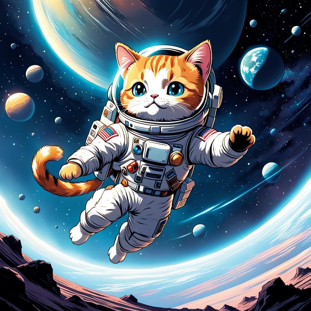 Astronaut Cat Floating in Space: Comic Book Art