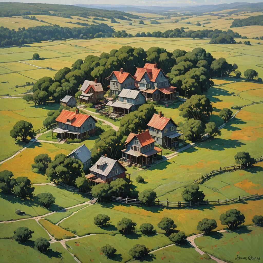 Houses in Vast Spaces as Oil Painting