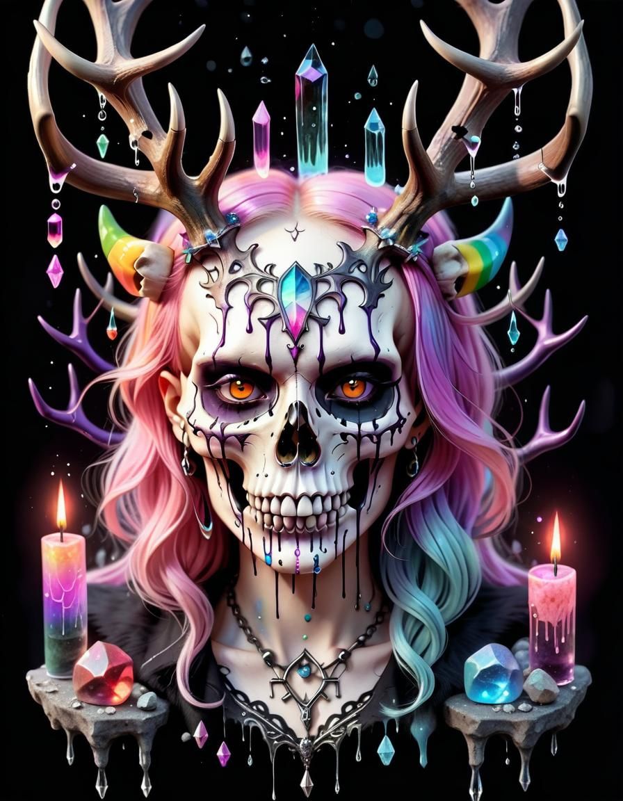 Pastel Goth Demoness Skull with Rainbow Antlers