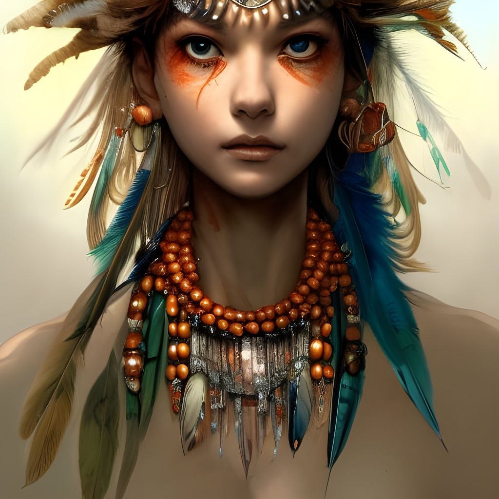 Shaman Girl Portrait with Feathers, Detailed Matte Painting