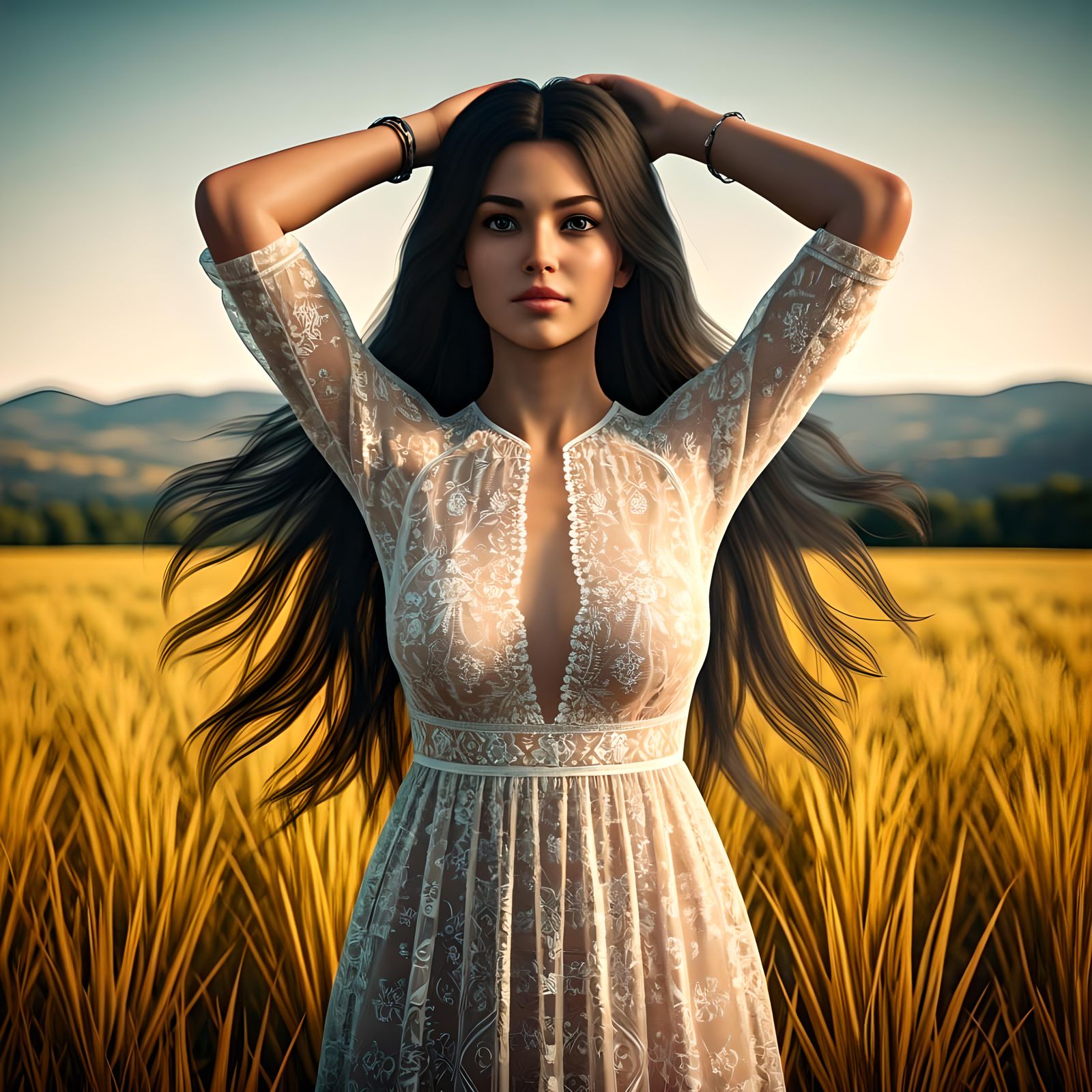 Woman in Sunlight Holding Hair in Field