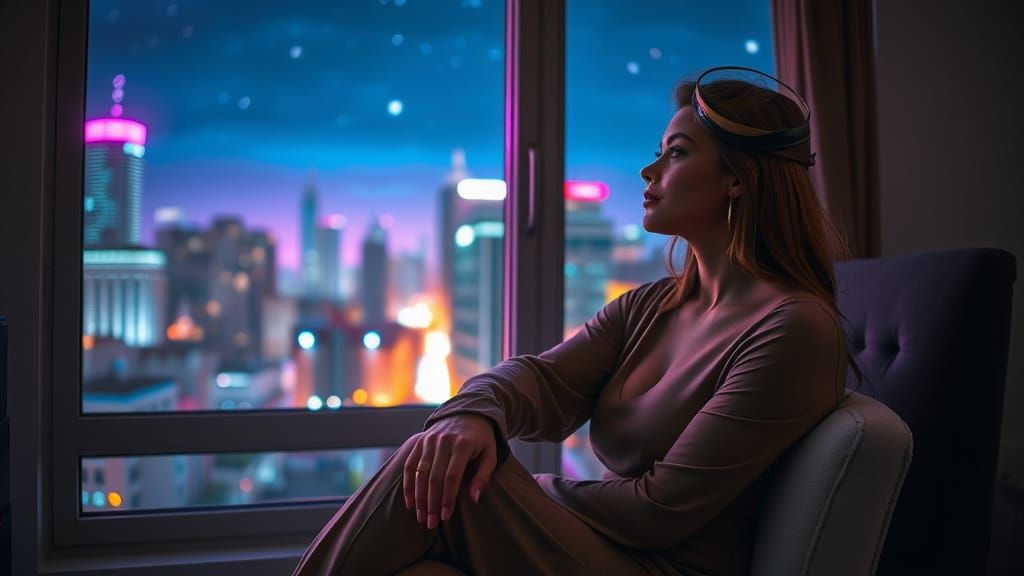 Contemplative Woman Gazing at Futuristic Cityscape