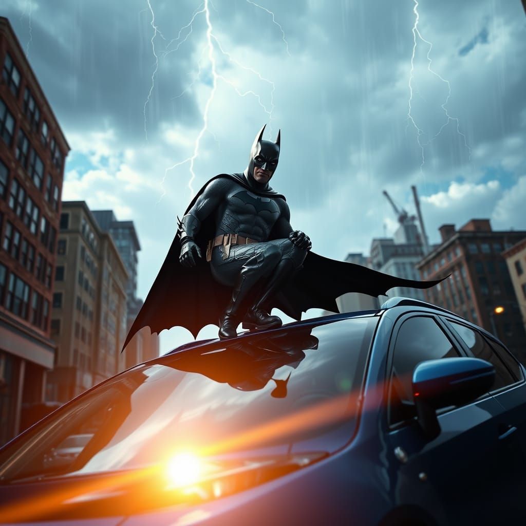 Batman Lands on Car Under Lightning in Gotham