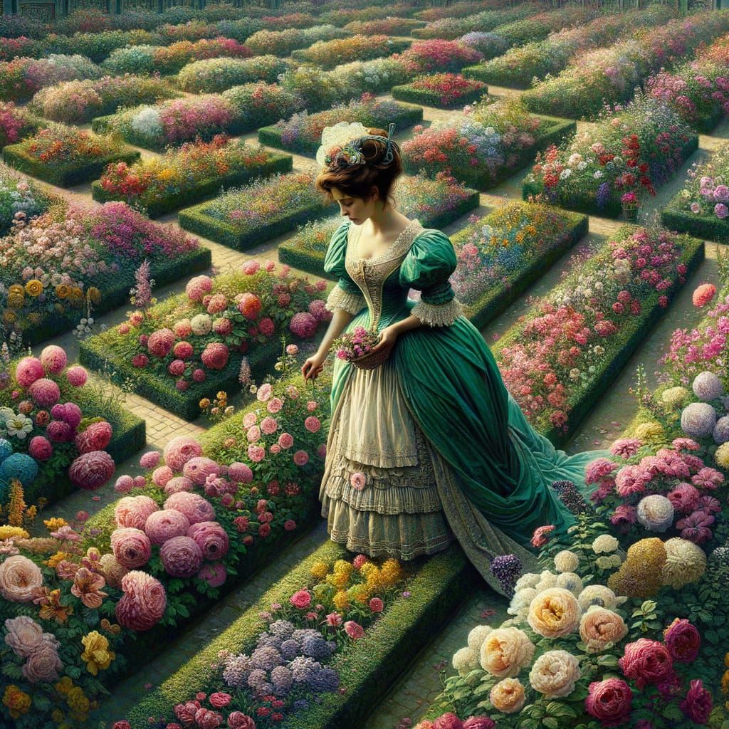 Victorian Era Young Woman Picks Flowers in a Vibrant Garden