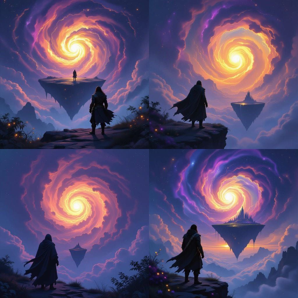 Ethereal Wanderer on Floating Island in Dark Fantasy Style