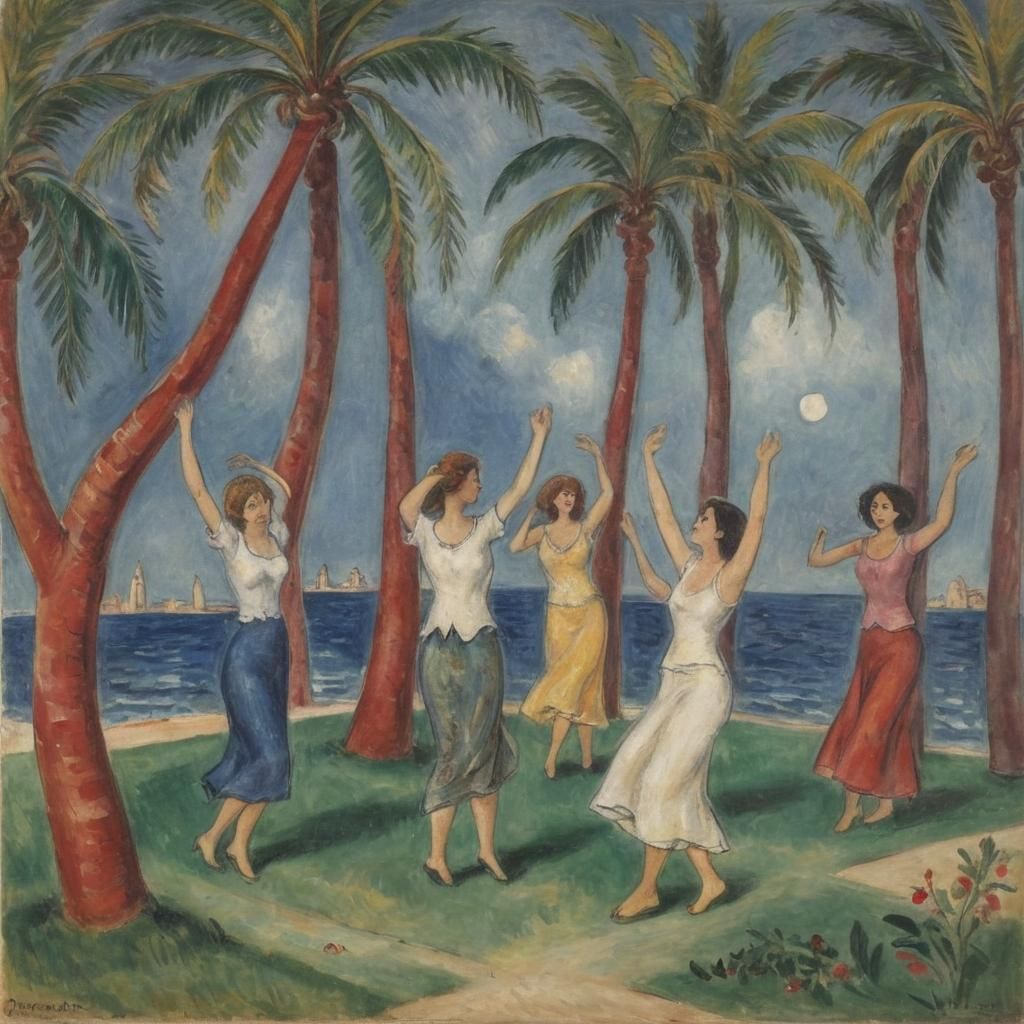Dancing Under Palm Trees in Post-Impressionist Style