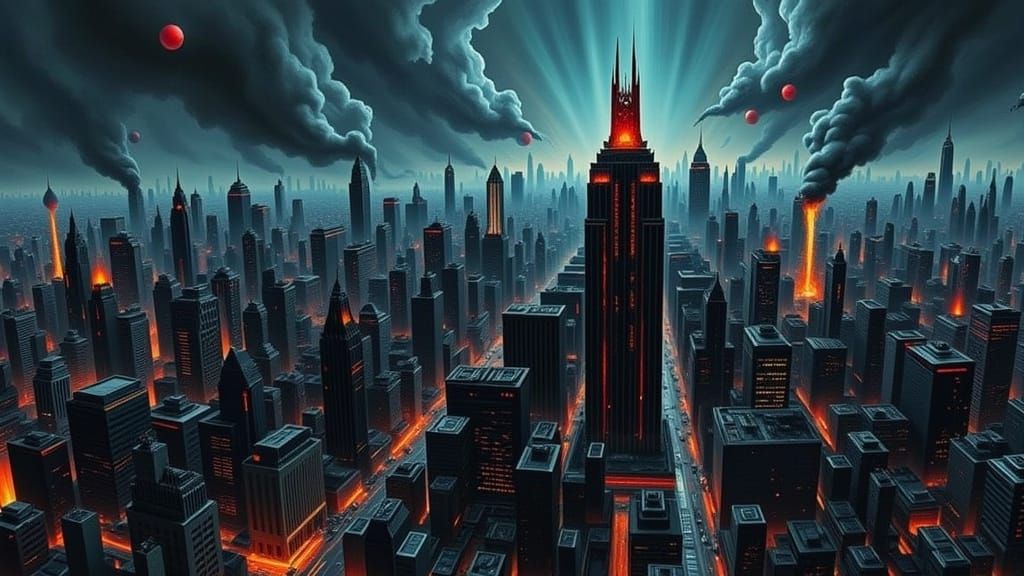 Cyberpunk Dystopian Cityscape Under Heavy Metal Skies