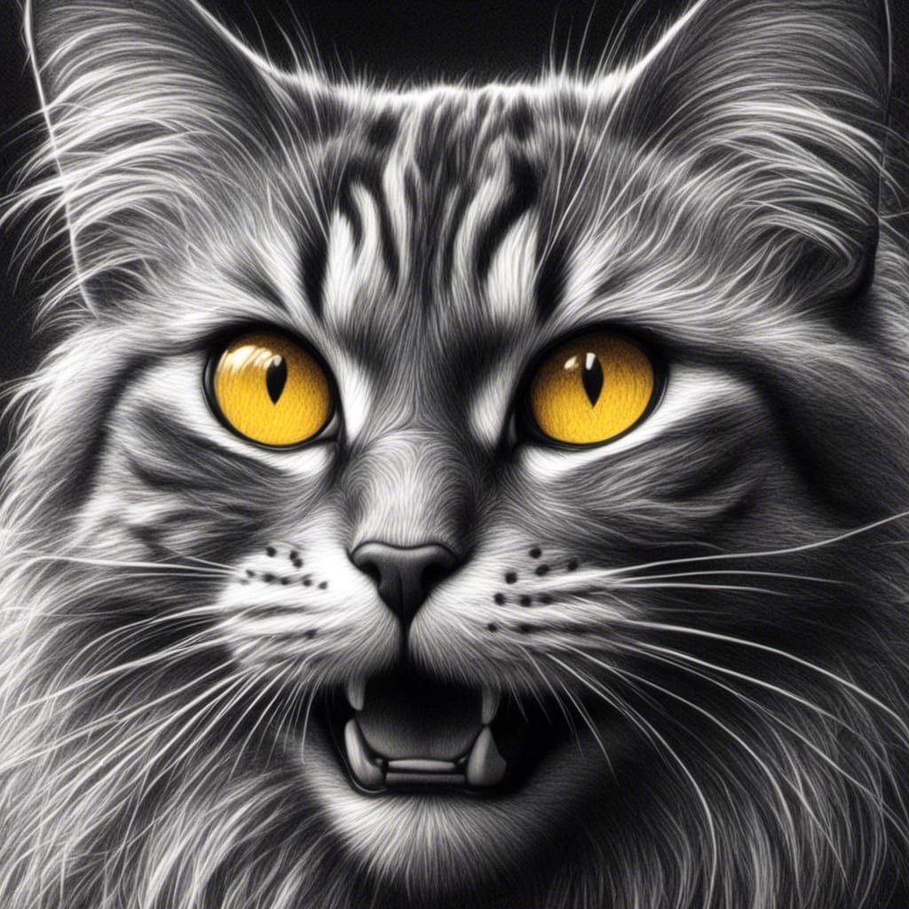 Monochrome Pencil Drawing of Cat with Yellow Eyes