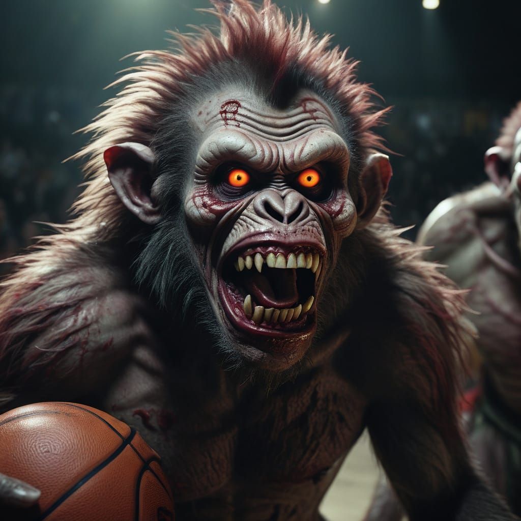 Zombie Monkey Clowns Play Basketball: Digital Art