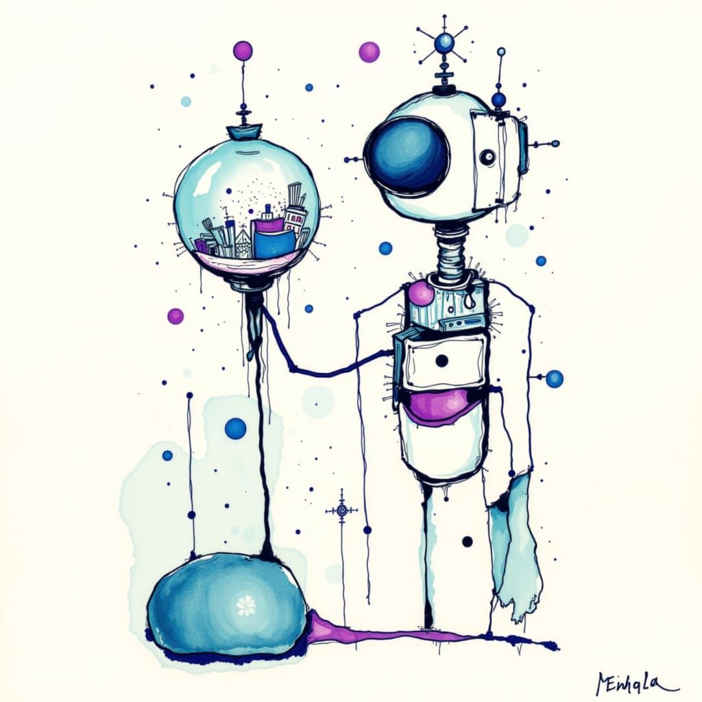 Cute Robot Holding Fishbowl in Blueberry Ink Style