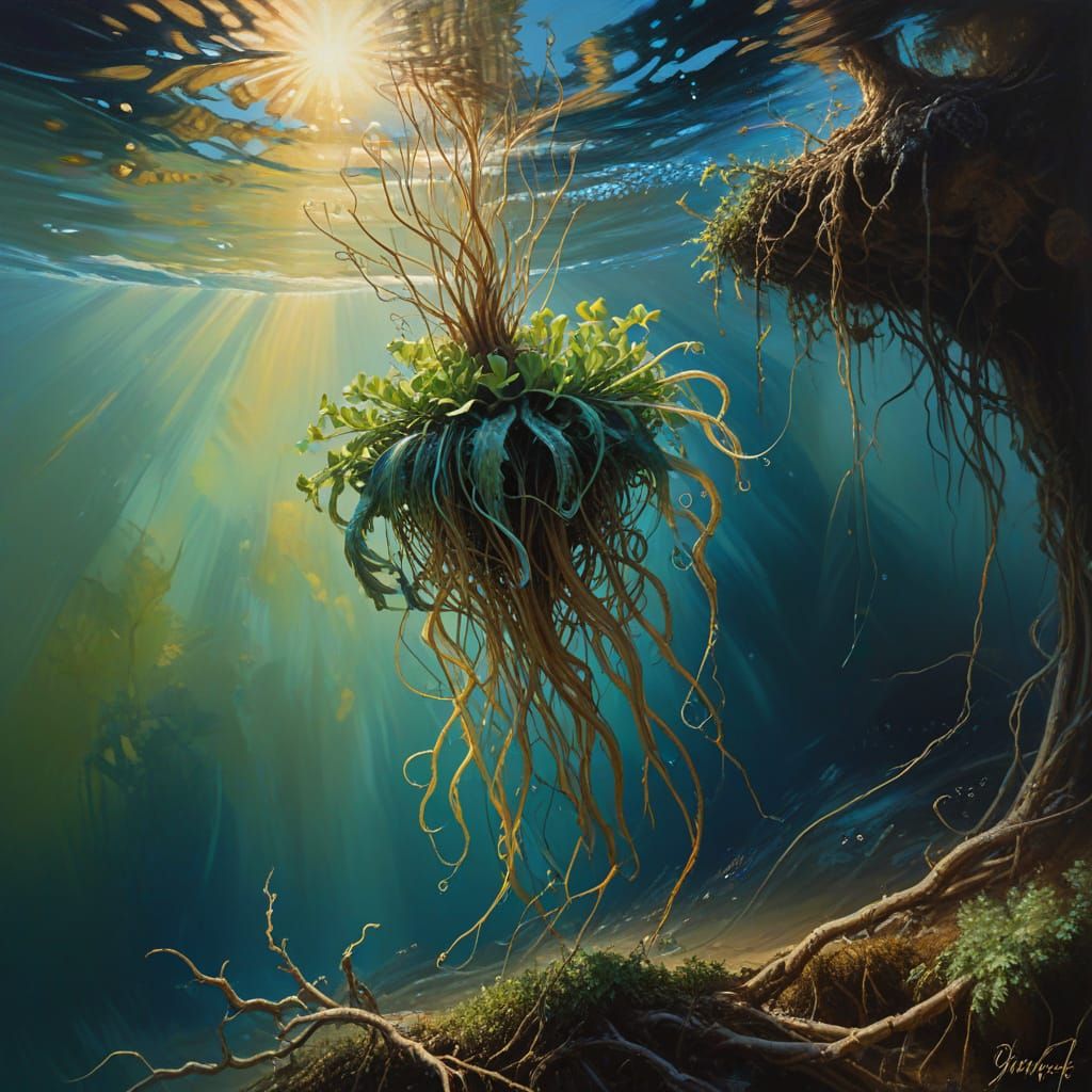 Floating Plant in Whimsical Oil Painting Style