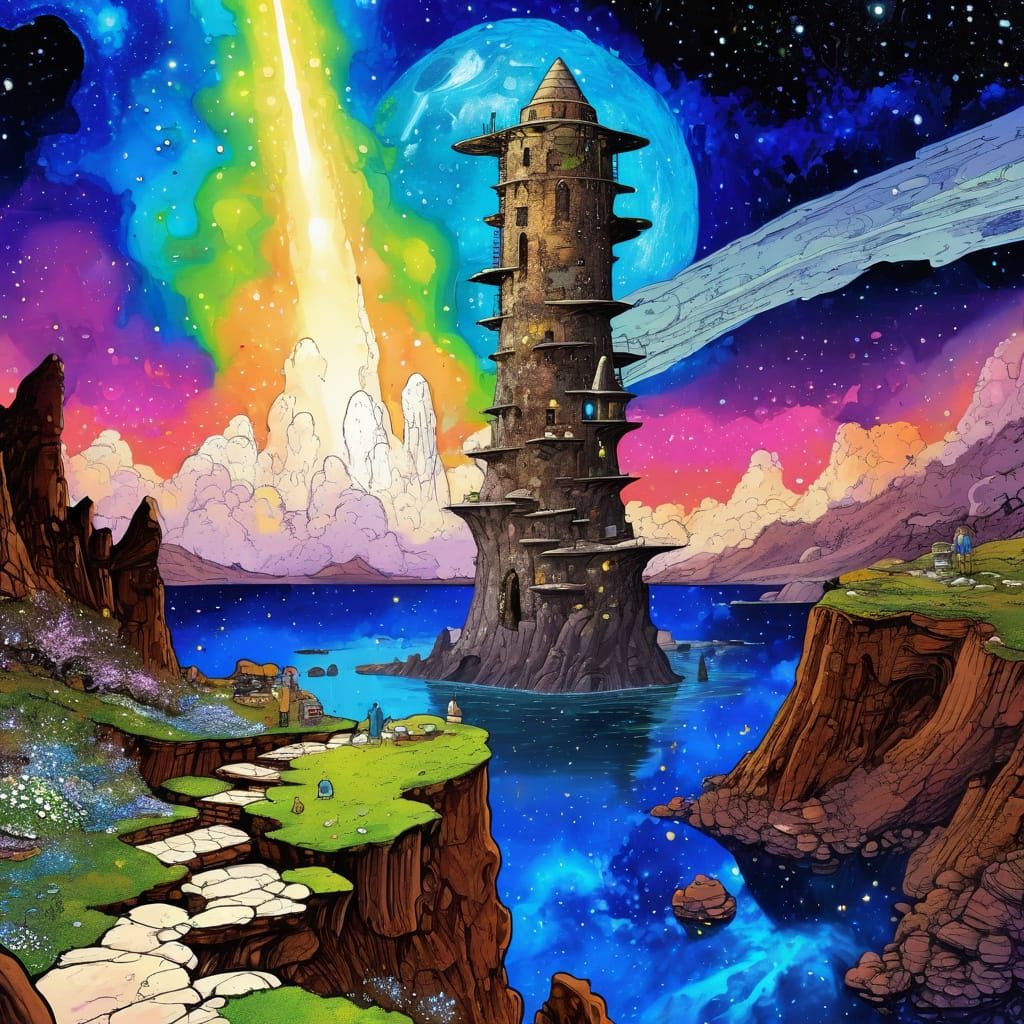 Nebula Sky Over Wizard Tower: Manga Airbrush Art