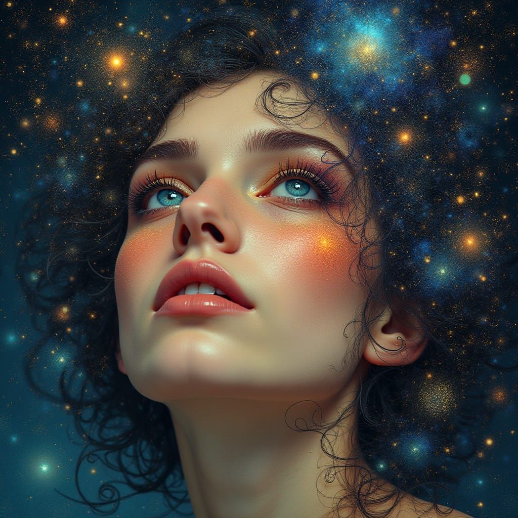 Galactic Woman Weeping Stardust in Art Nouveau Style