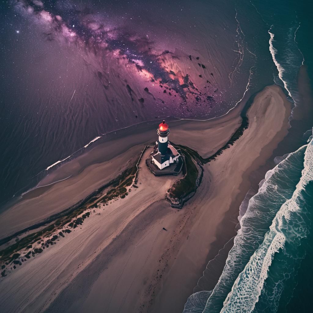 Starry Violet Sunset Over Ocean Lighthouse