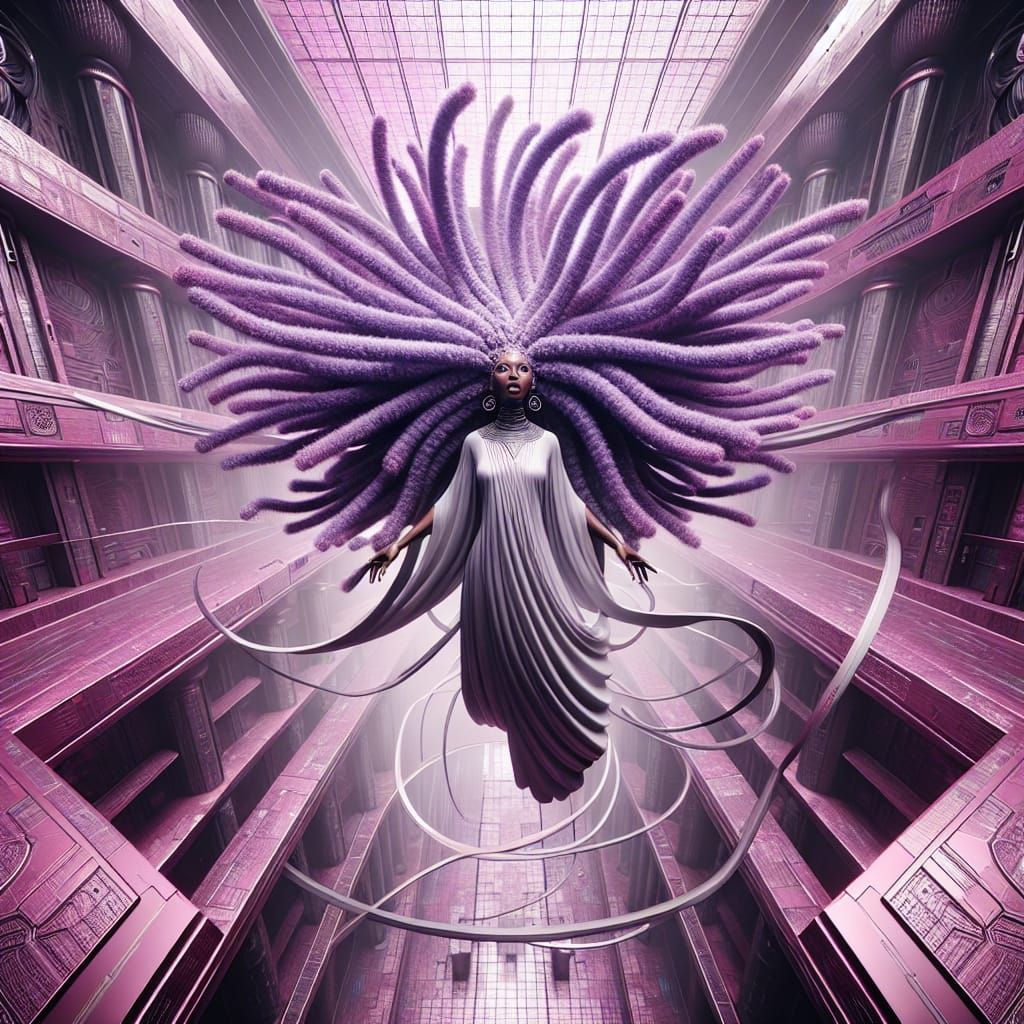 Afrofuturistic Violet Goddess in Pink Atrium