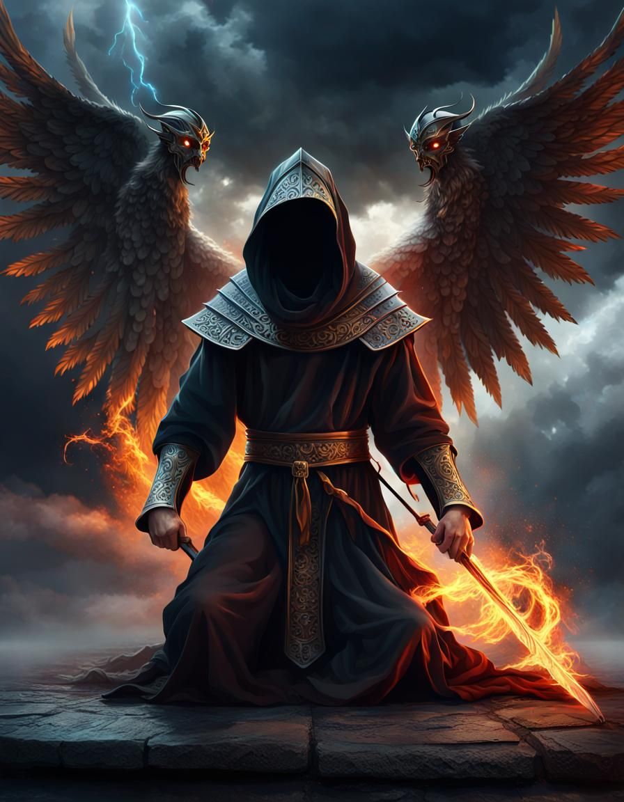 Monk with Fiery Sword and Wings