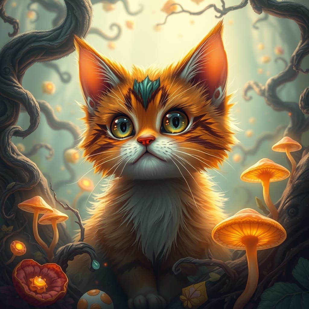 Whimsical Cat in Enchanted Forest