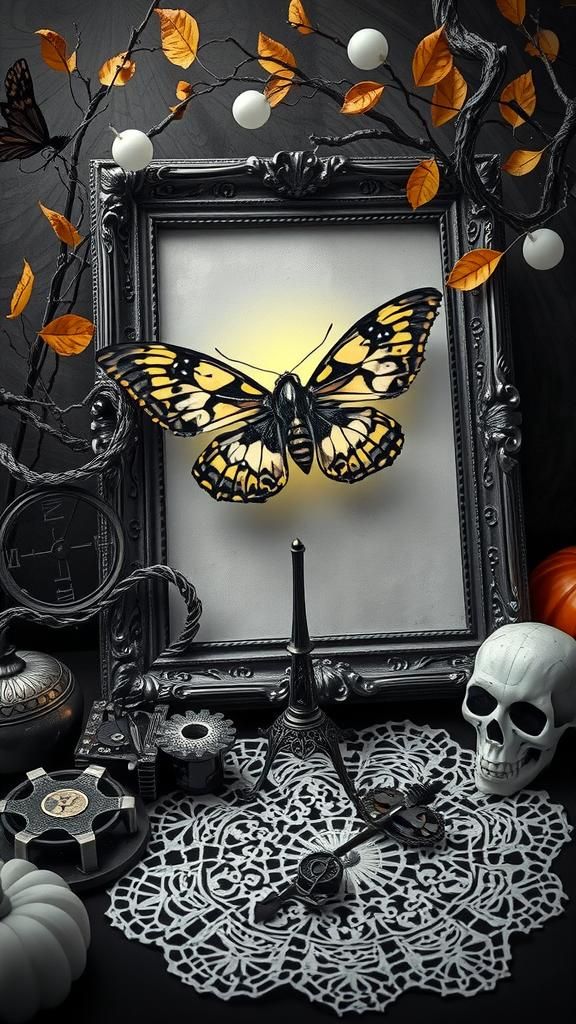 Sugar Skull Moth in Rayograph Style with Autumnal Elements