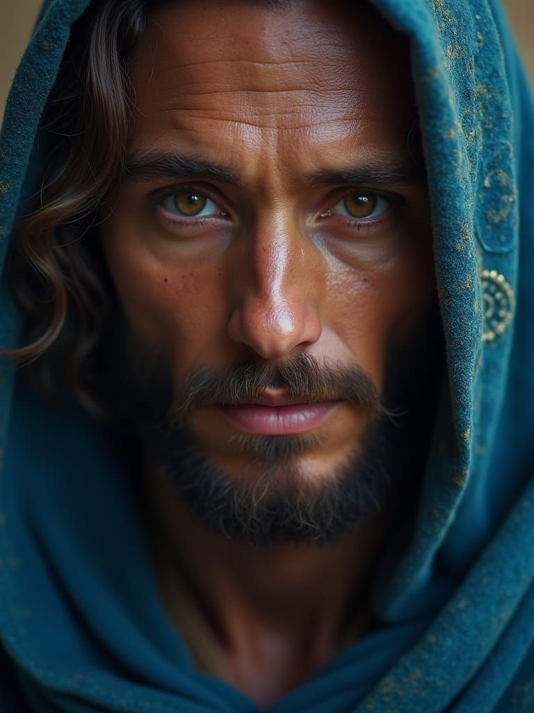 Jesus Movie Poster: Detailed Portrait in Azure Robe