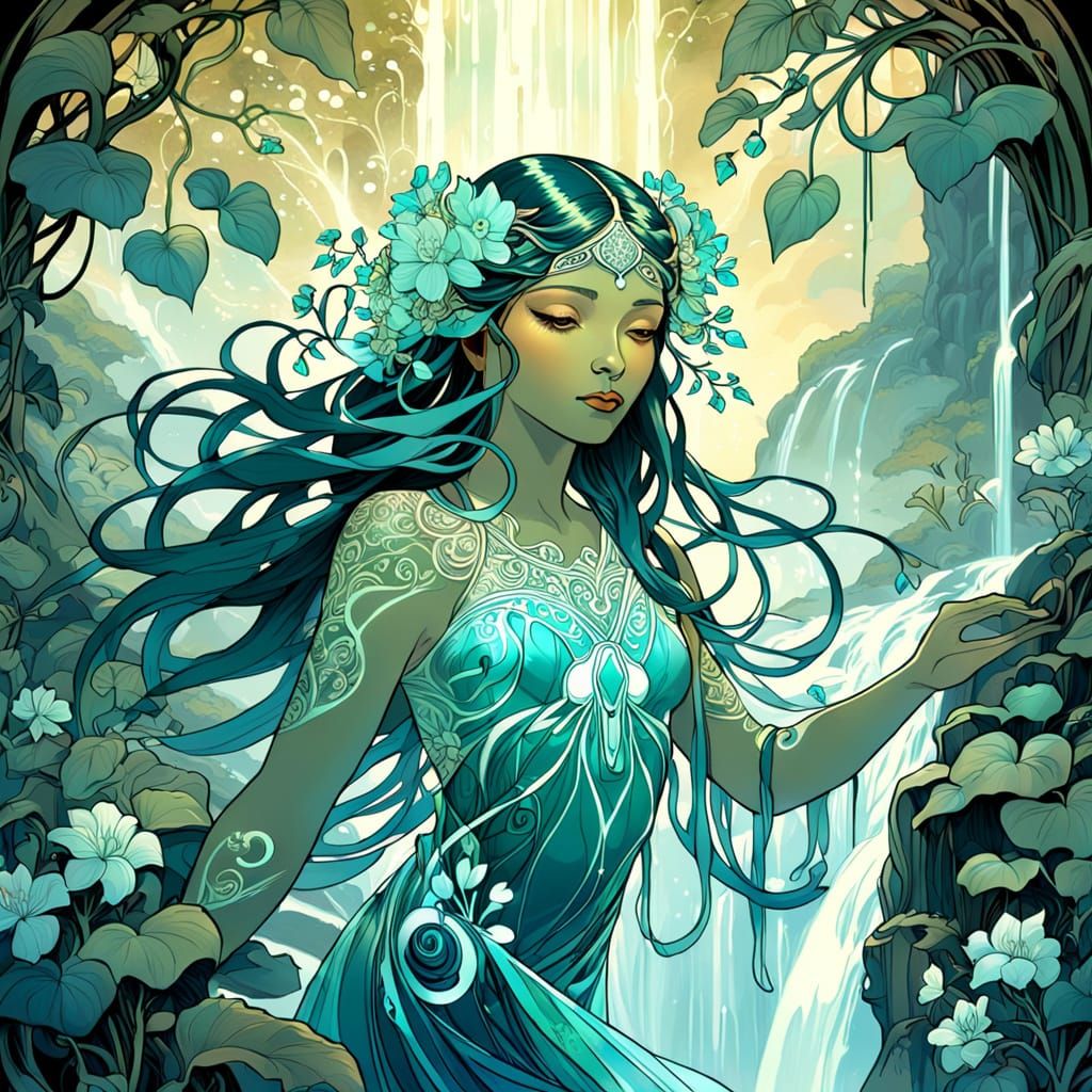 Bioluminescent Maori Goddess in Art Nouveau Style