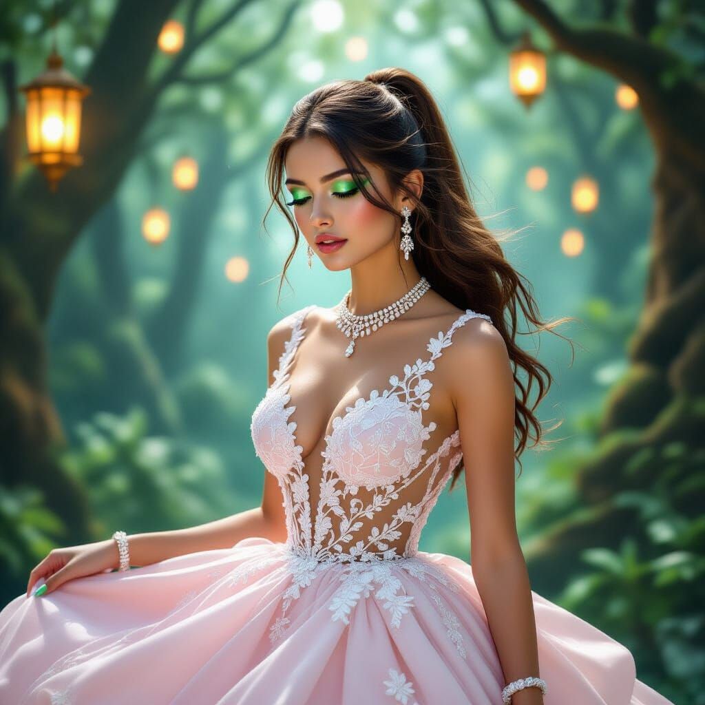 Ethereal Forest Journey: Woman in Jeweled Gown