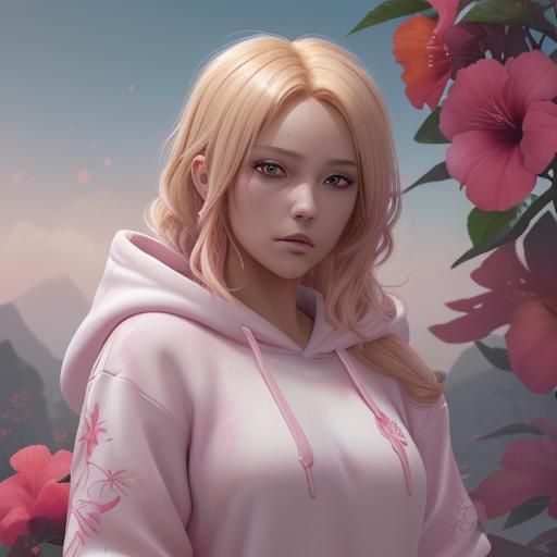 Woman with Pink Highlights and Hibiscus Flowers