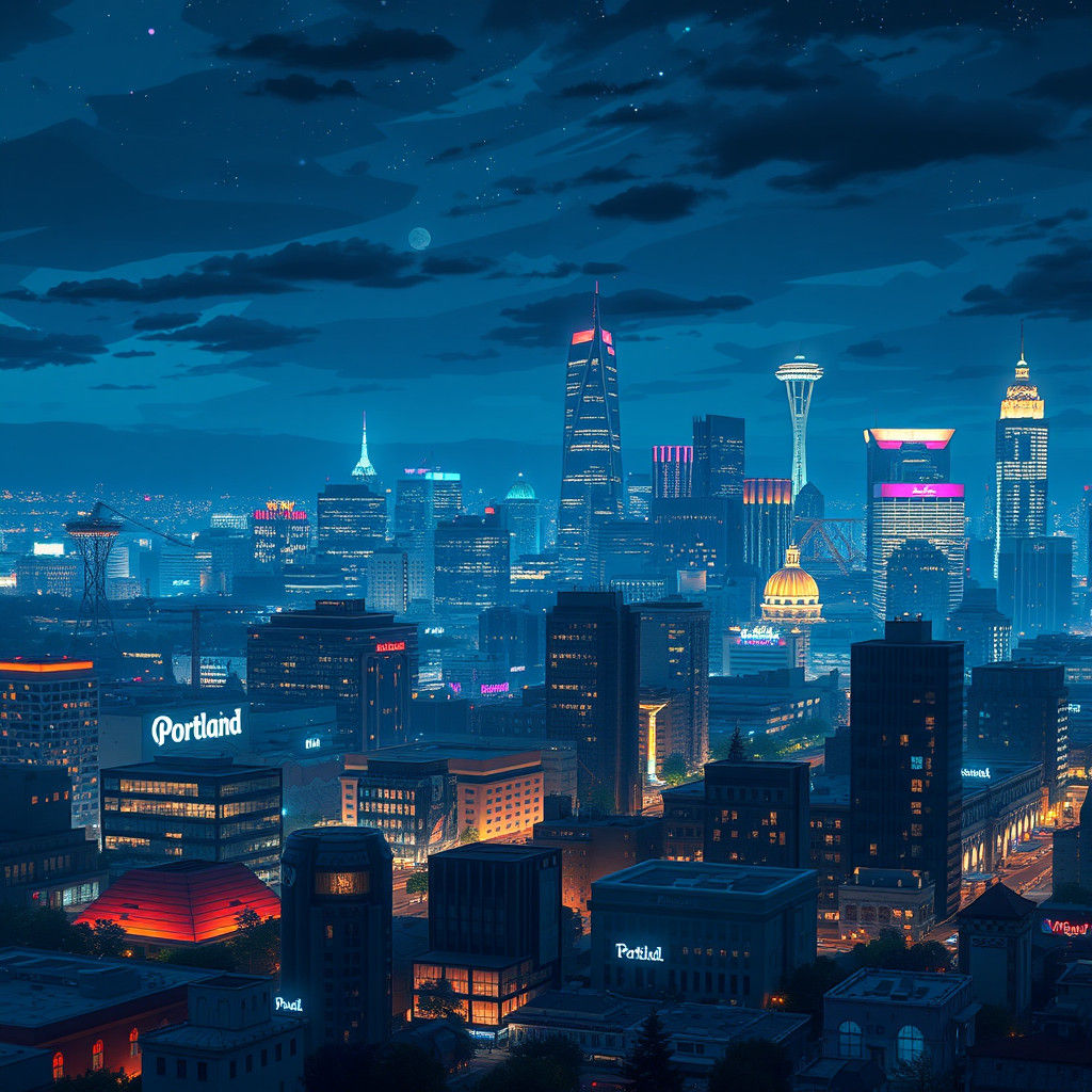 Portland Cityscape in Studio Ghibli Anime Style