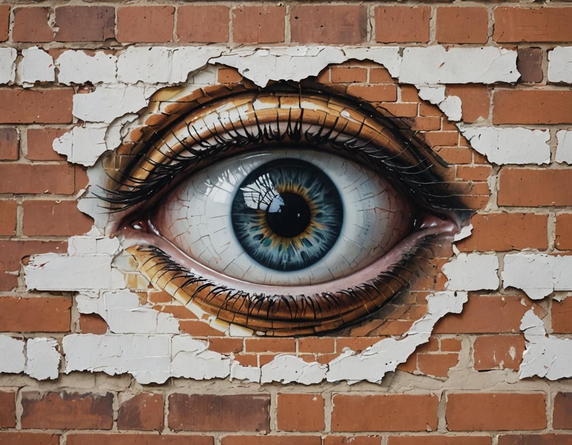 Eye Mural on Brick Wall with Recessed Areas