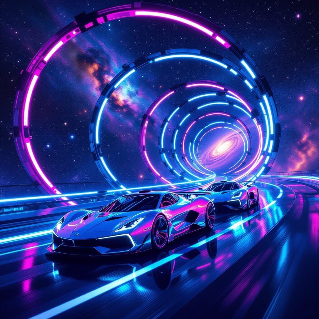 Hypercars Speeding Through Cosmic Neon Racetrack