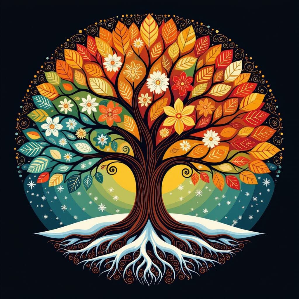 Four Seasons Tree in Abstract Vector Fractal Style