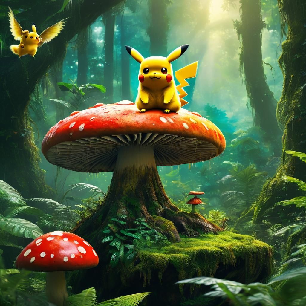 Pikachu in Rainforest: Vibrant Digital Art