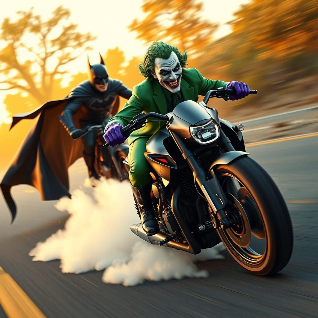 The Joker Speeds Away from Batman on His Custom Motorcycle