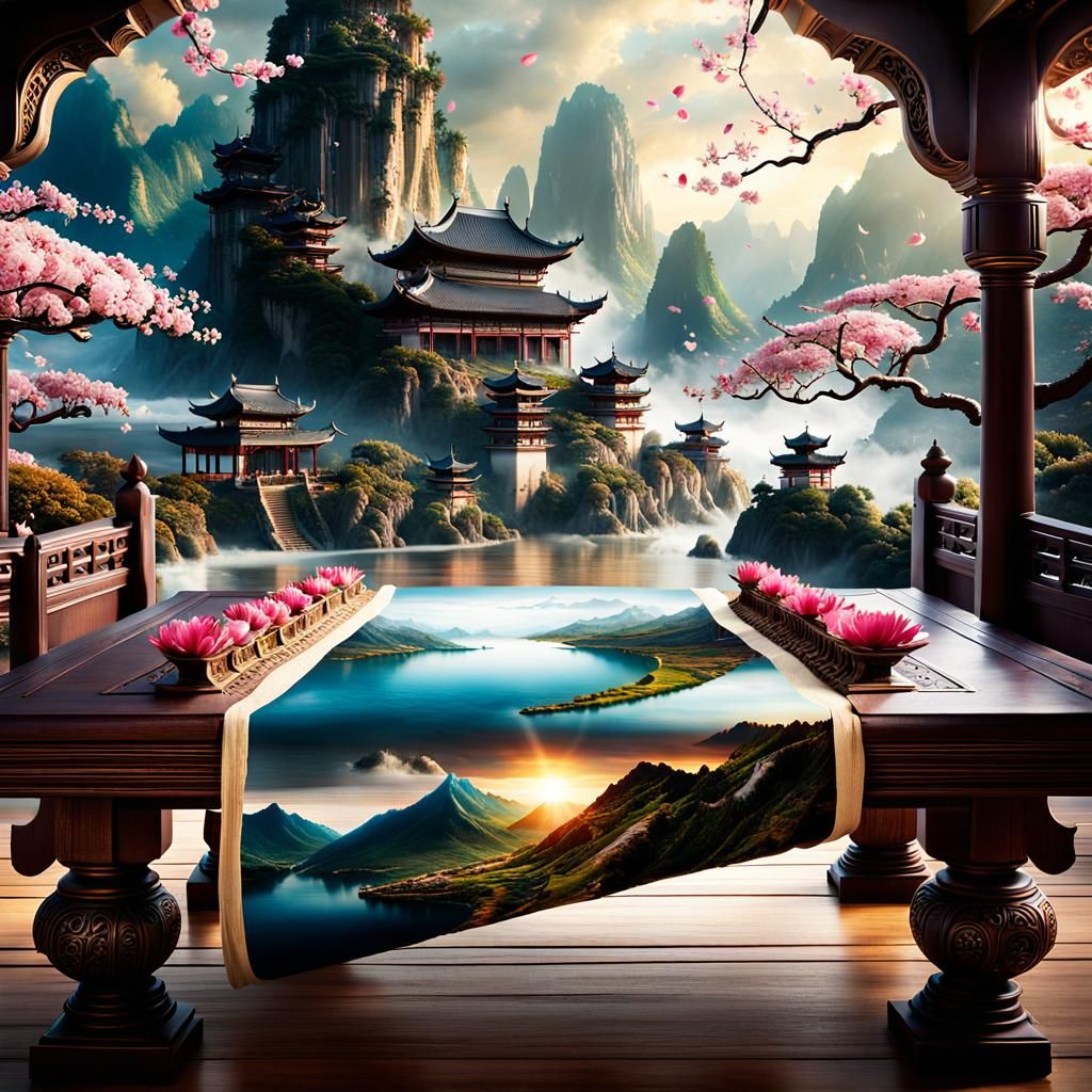 Magical Asian Landscape Emerging from Ancient Scroll
