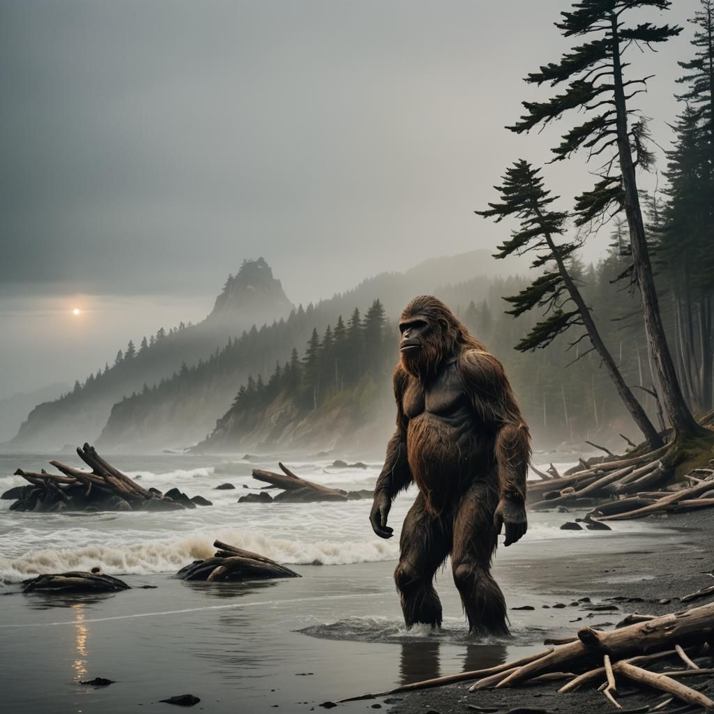 Sasquatch at Shoreline in Moody Seaside Atmosphere