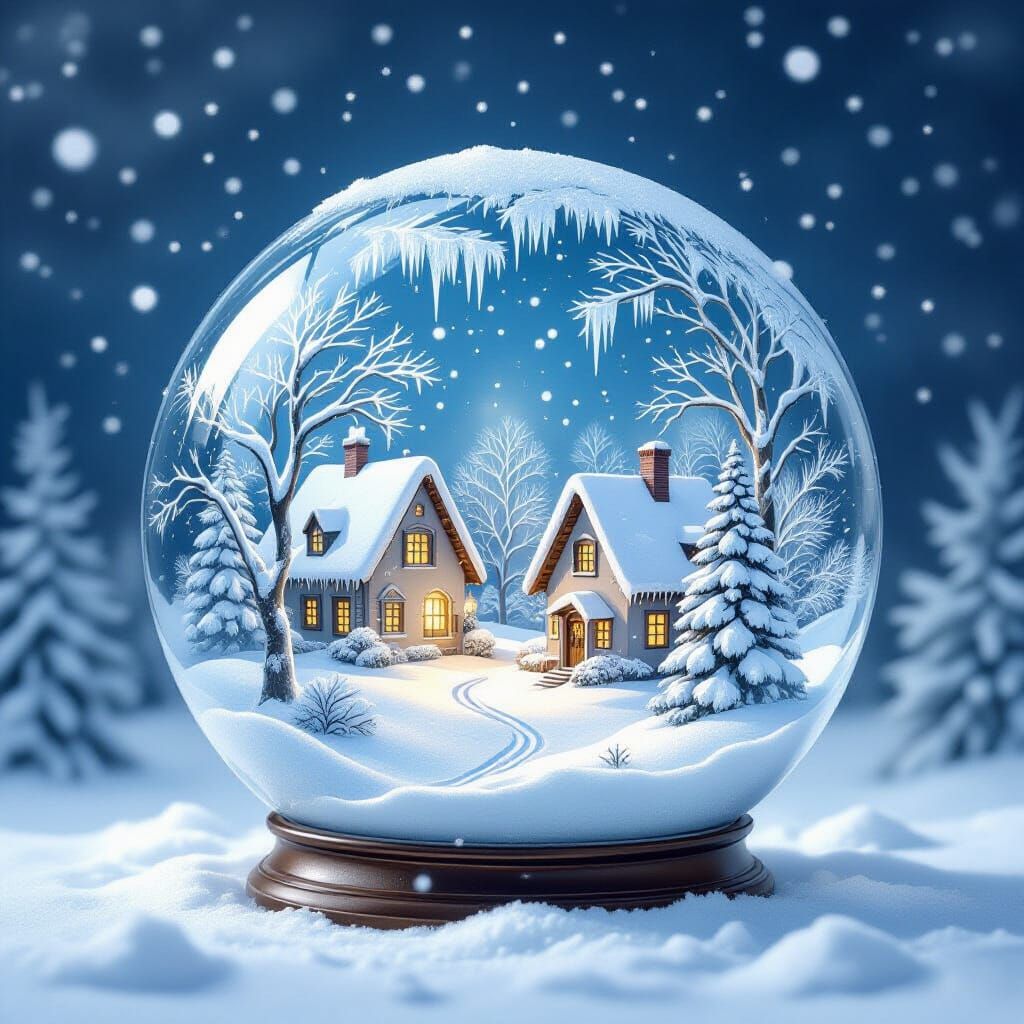 Whimsical Winter Snow Globe Scene with Frosted Trees